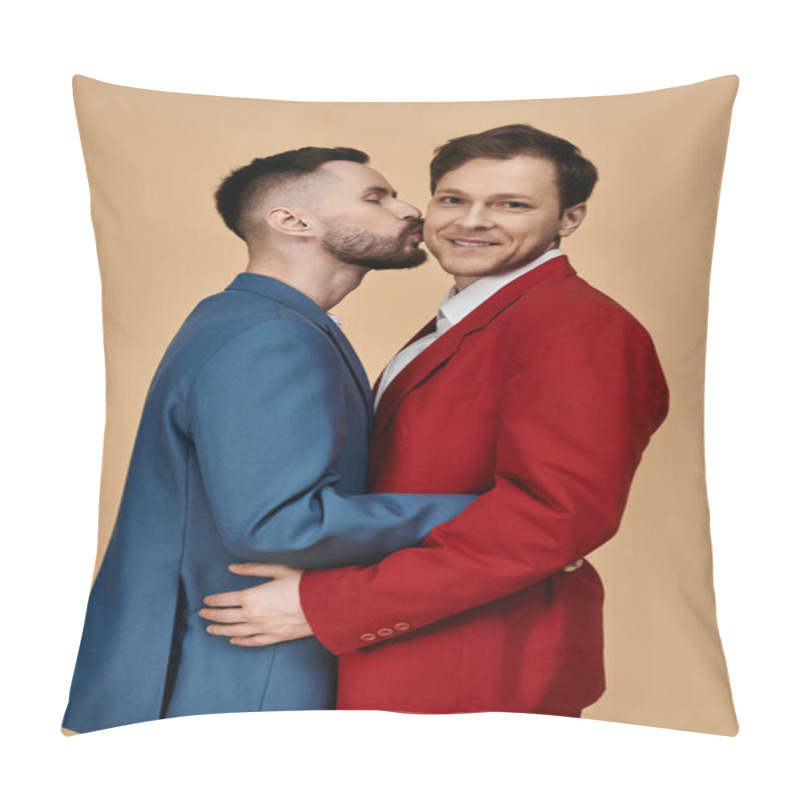 Personality  A Gay Couple In Stylish Suits Share A Tender Moment, Showcasing Their Love And Affection. Pillow Covers