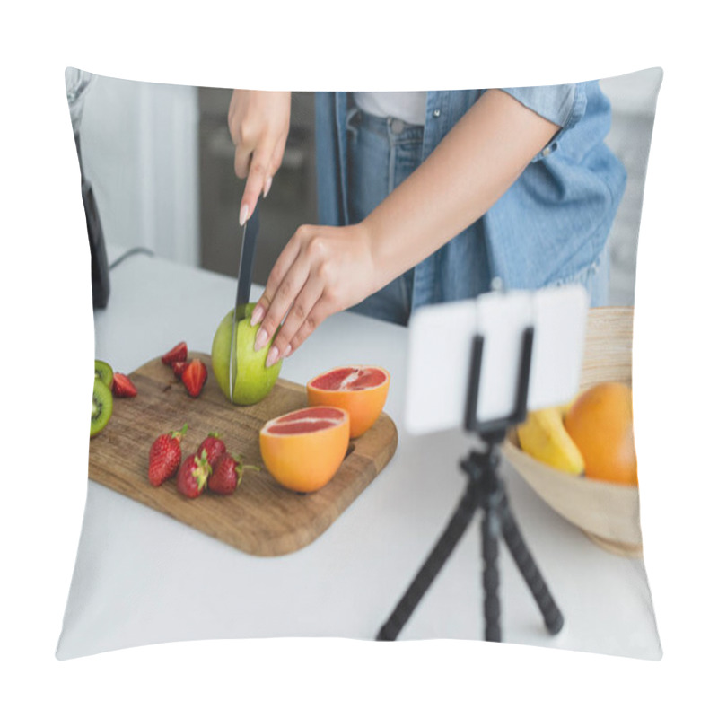 Personality  Cropped View Of Young Woman Cutting Fruits Near Smartphone On Tripod In Kitchen  Pillow Covers