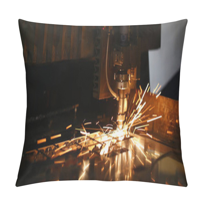 Personality  Close-up Of Machine Head And Metal Processing Laser Metal, Neon Sparks Fly Out Of It. Cutting Machine And Metal Plate. Manufacturing, Production Concept Pillow Covers