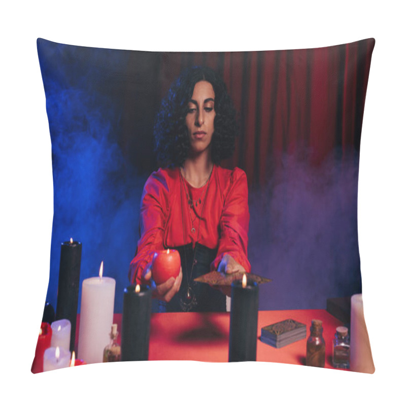 Personality  Brunette Fortune Teller With Candle And Tarot Cards Near Blue Smoke On Dark Background Pillow Covers