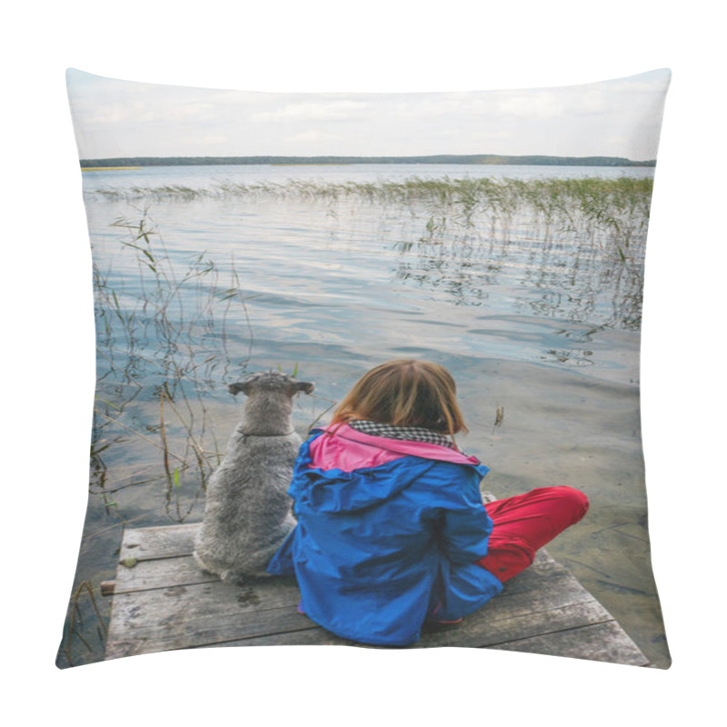 Personality  Girl And Dog At Lake Pillow Covers