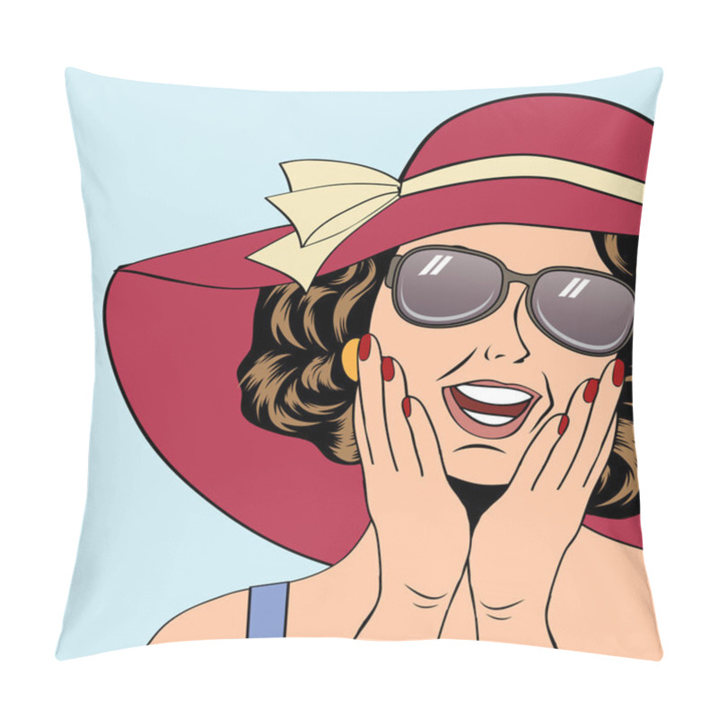 Personality  Popart Retro Woman With Sun Hat In Comics Style, Summer Illustra Pillow Covers