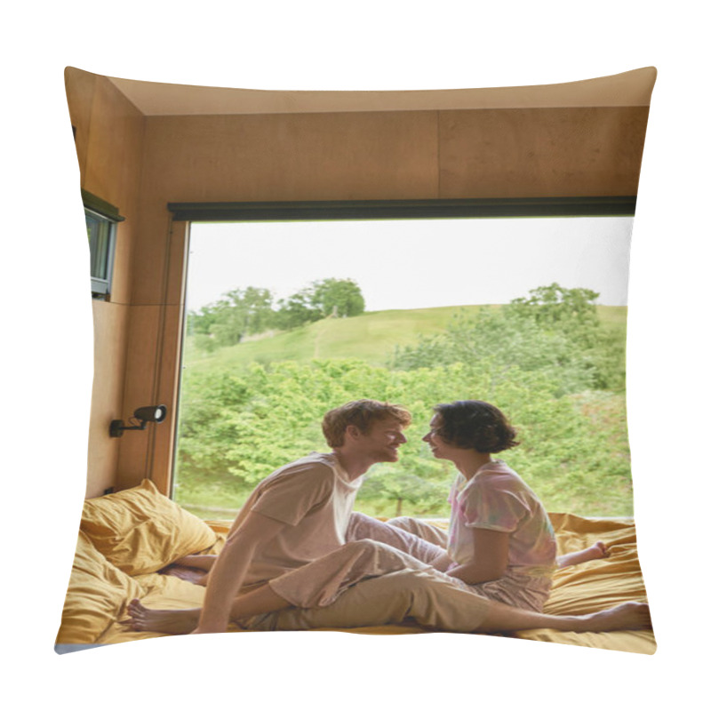 Personality  Happy Diverse Couple Looking At Each Other And Sitting On Bed In Country House With Forest View Pillow Covers