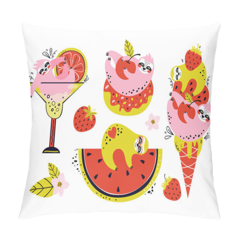 Personality  Set Of Cartoon Characters Of Funny Sloths. Cute Bears With Summer Berries And Fruit, Ice Cream, Cocktail, Donut. Hand Drawn Vector Illustration Pillow Covers