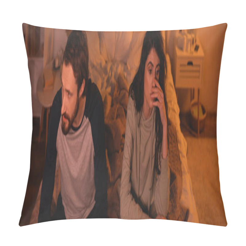 Personality  Sad Woman Sitting Near Boyfriend On Bed At Night, Banner  Pillow Covers