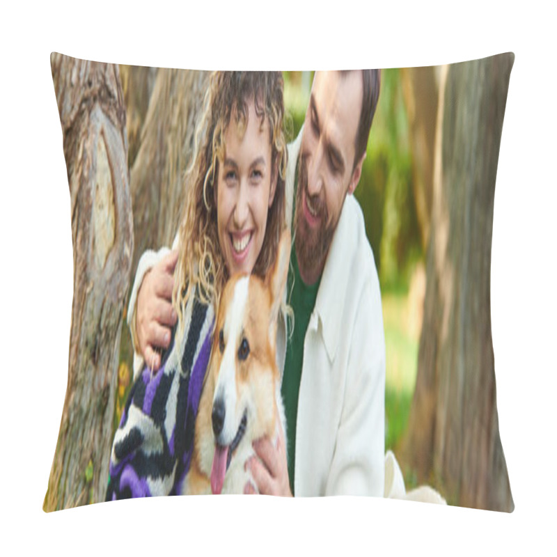 Personality  Happy Man Hugging Curly Woman In Outfit While Cuddling Corgi Dog In Park, Sitting Near Tree Banner Pillow Covers