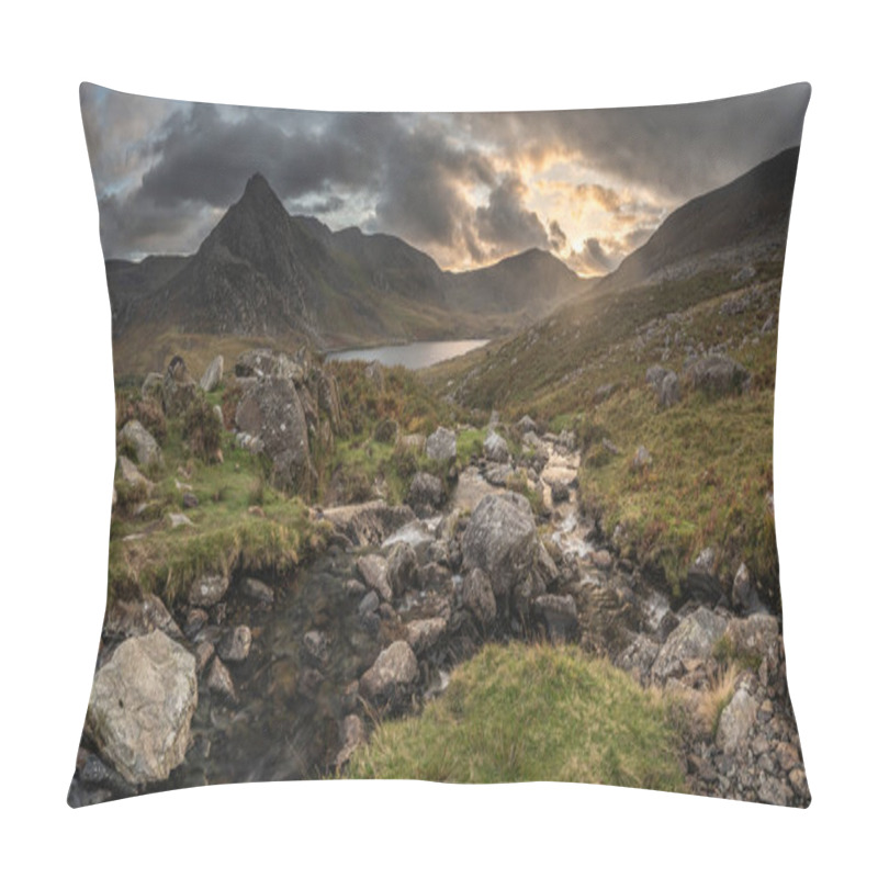 Personality  Epic Dramatic Autumn Sunset Landscape Image Of Llyn Ogwen And Tryfan In Snowdonia National Park With Stream And Rocks In Foreground Pillow Covers