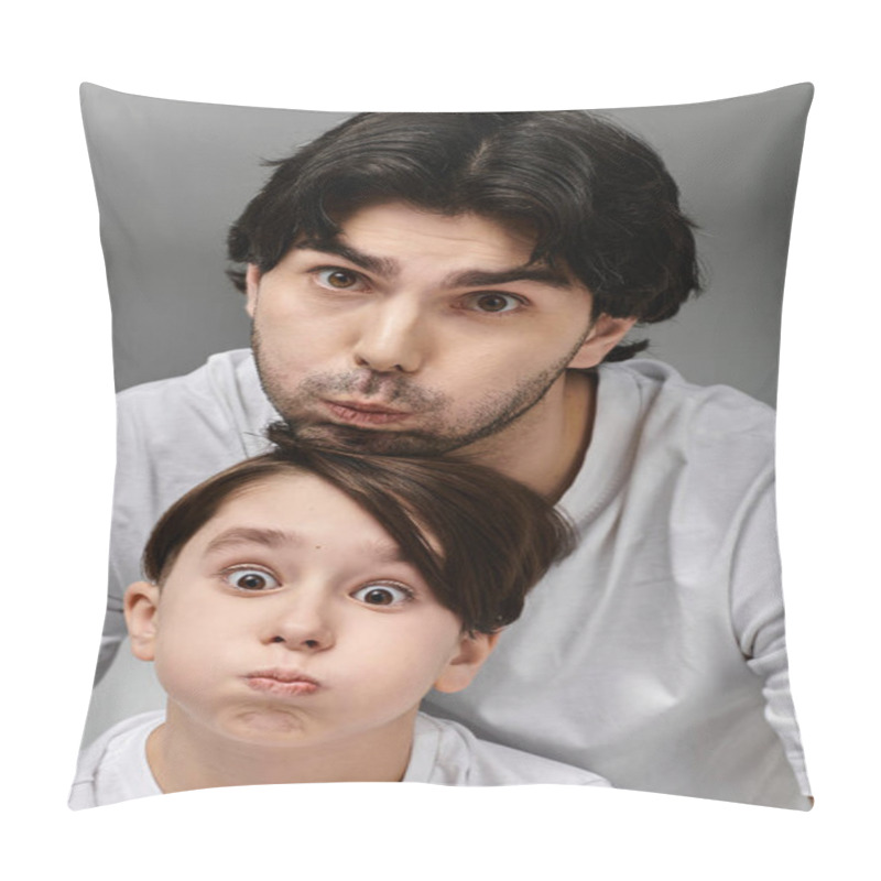 Personality  A Man And A Young Boy Making Funny Faces Together. Pillow Covers