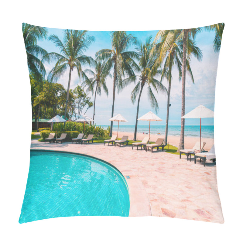 Personality  Beautiful Tropical Beach And Sea With Umbrella And Chair Around Swimming Pool In Hotel Resort For Travel And Vacation Pillow Covers