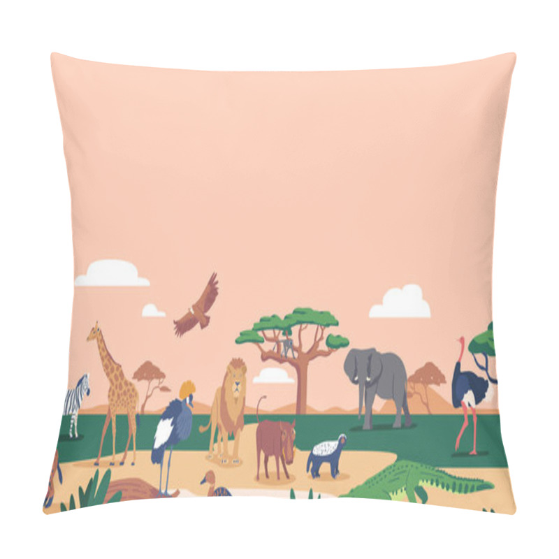 Personality  Graceful Giraffe, Majestic Elephant, And Powerful Lion Roam The African Landscape. Zebra Graze Alongside Hyena, Creating A Stunning And Diverse Ecosystem And Rich Wildlife. Cartoon Vector Illustration Pillow Covers