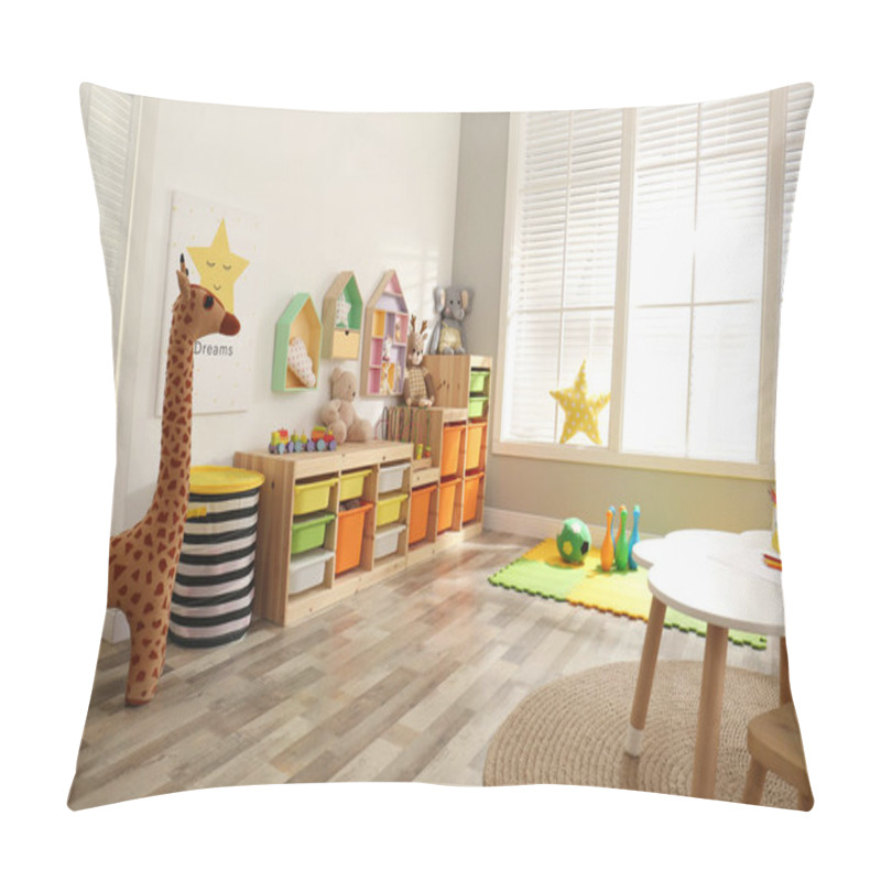 Personality  Stylish Playroom Interior With Shelving Unit And Different Soft Toys Pillow Covers