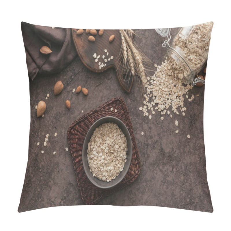 Personality  Bowl Of Dry Oat Flakes With Ears Of Wheat And Almond Nuts On Dar Pillow Covers