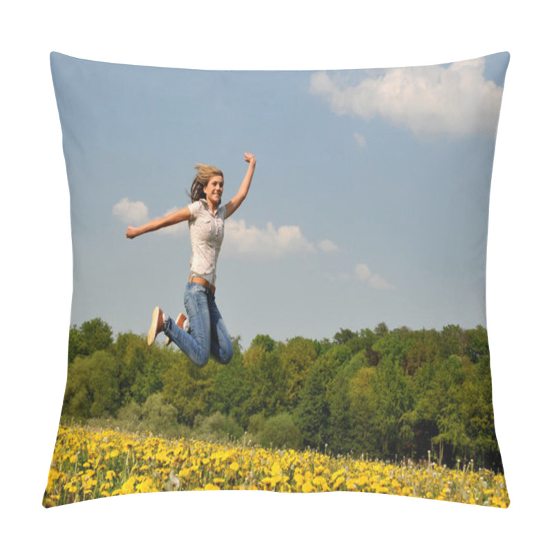 Personality  Young Woman In Yellow Dress Jumping In Field Pillow Covers