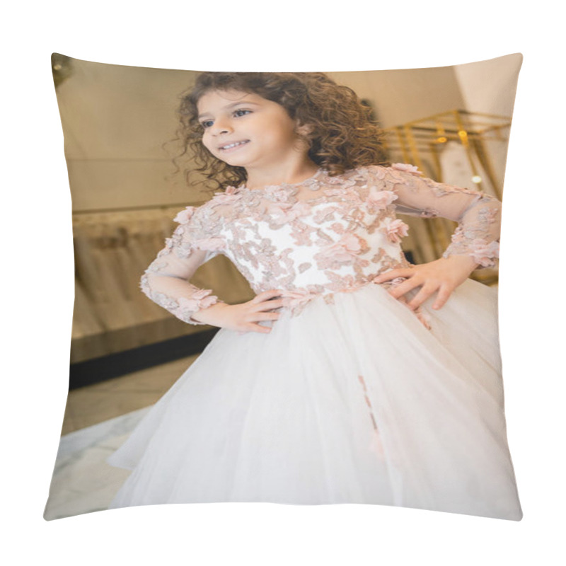 Personality  Joyous Middle Eastern Kid In Floral Dress With Tulle Skirt Standing With Hands On Hips And Looking Away In Bridal Boutique, Preparation For Wedding, Blurred Background, Low Angle, Flower Girl Pillow Covers