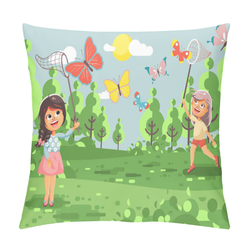 Personality  Vector Illustration Cartoon Character Lonely Children, Young Naturalist, Biologist Two Girls Catch Colorful Butterflies With Net, Scoop-net, Hoop-net On Nature Outdoor Background In Flat Style Pillow Covers