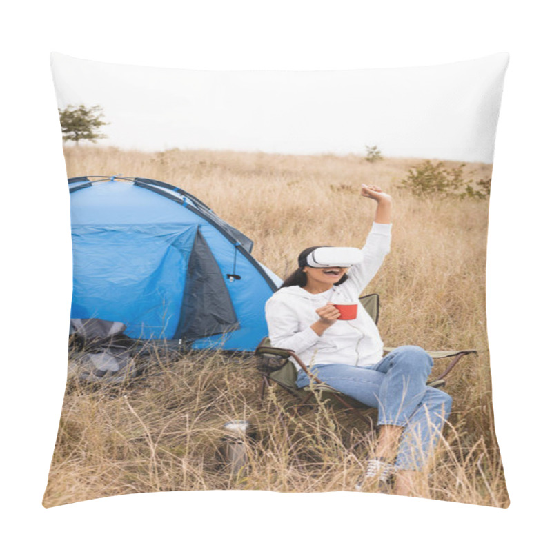 Personality  Cheerful African American Woman In Vr Headset Holding Cup During Camping Near Tent On Meadow  Pillow Covers