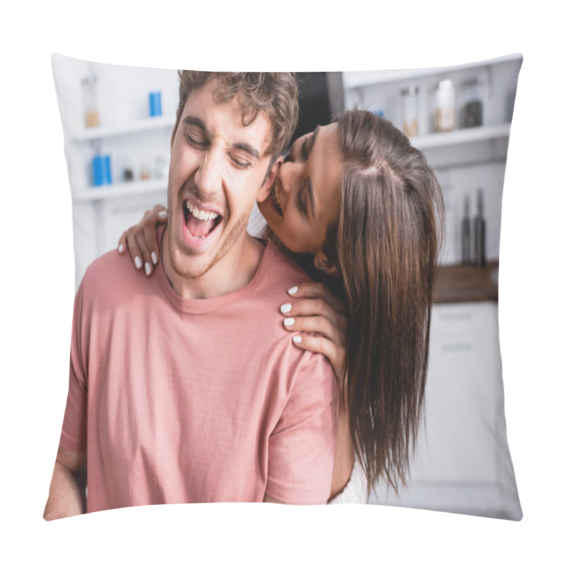 Personality  Smiling Woman Hugging Excited Man In Kitchen  Pillow Covers