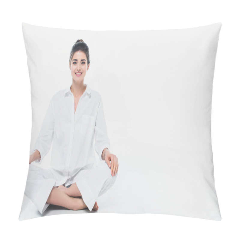 Personality  Cheerful Woman Sitting In Yoga Pose And Smiling At Camera On White Background  Pillow Covers