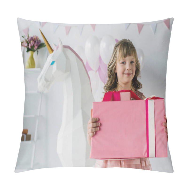 Personality  Smiling Birthday Kid Holding Gift Box Near Decorative Unicorn  Pillow Covers