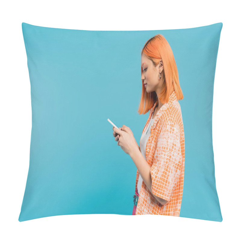 Personality  Social Media Influencer, Young Asian Woman With Dyed Hair Using Smartphone On Blue Background, Mobile Phone, Youth Culture, Digital Age, Generation Z, Messaging, Side View  Pillow Covers