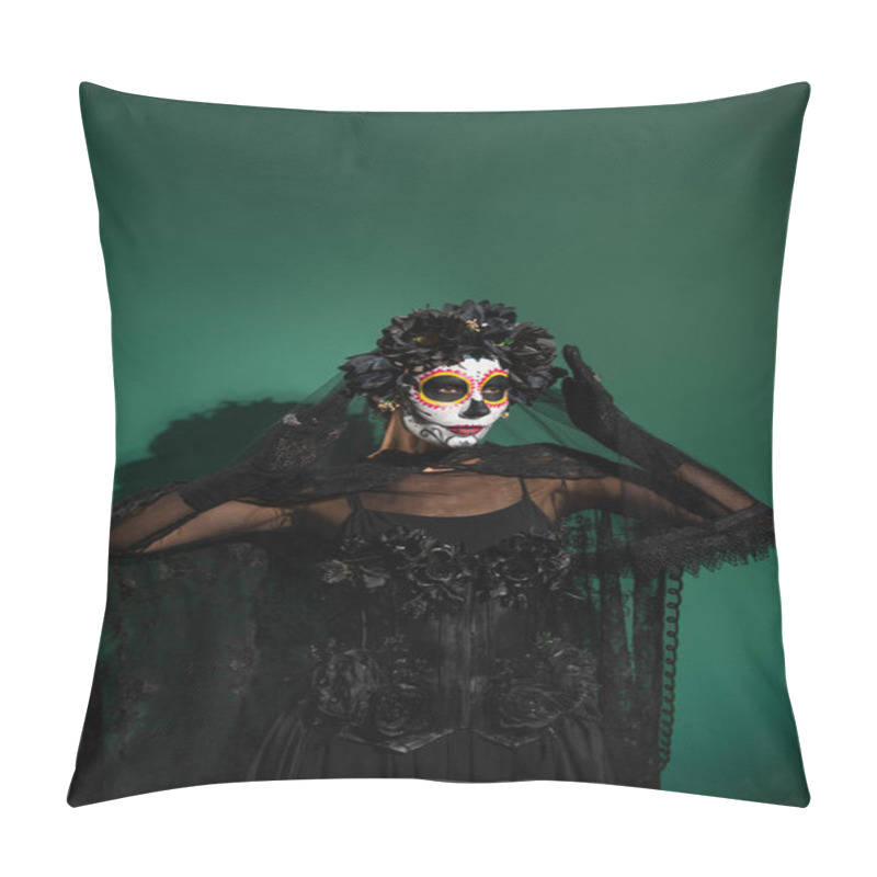 Personality  Woman In Creepy Santa Muerte Costume And Makeup Standing On Green Background  Pillow Covers