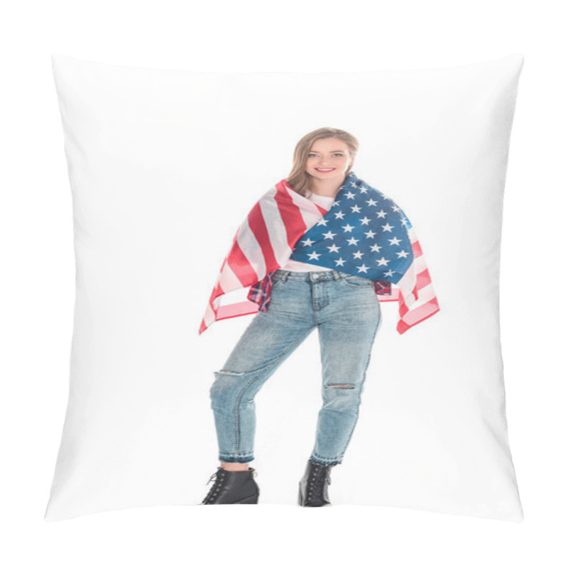 Personality  Young Woman With American Flag Pillow Covers