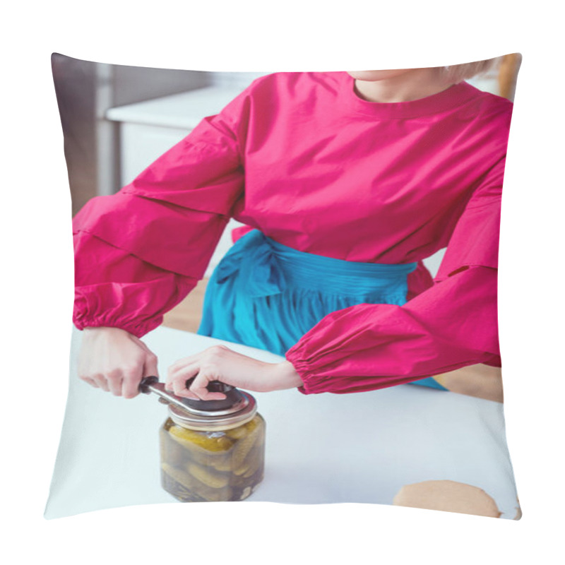 Personality  Cropped View Of Fashionable Housewife Sealing Jar Of Pickled Cucumbers In Kitchen  Pillow Covers