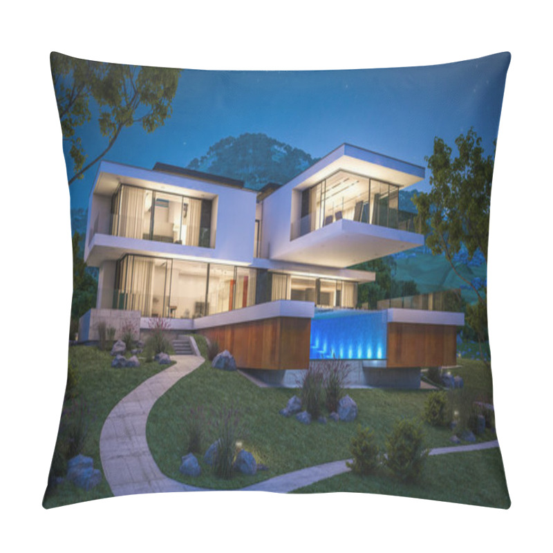 Personality  3d Rendering Of Modern House By The River At Night Pillow Covers