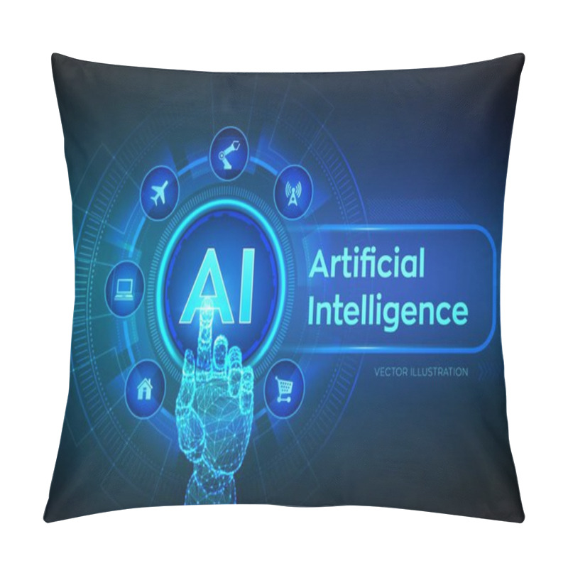 Personality  AI. Artificial Intelligence. Machine Learning, Big Data Analysis And Automation Technology In Business And Industrial Manufacturing Concept. Hand Touching Digital Interface. Vector Illustration. Pillow Covers