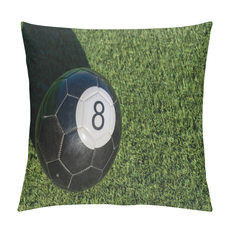 Personality  Black Eight (8) Ball A Soccer Billiards Or Pool Ball On Green Grass With A Shadow And Copy Space. Concept Of Sports, Recreation And Childhood Fun. Pillow Covers