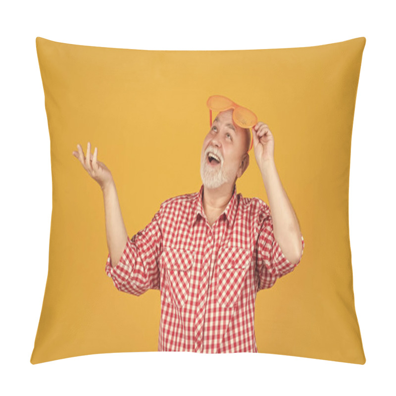 Personality  Amazed Old Aged Man In Checkered Shirt And Party Glasses On Yellow Background. Pillow Covers