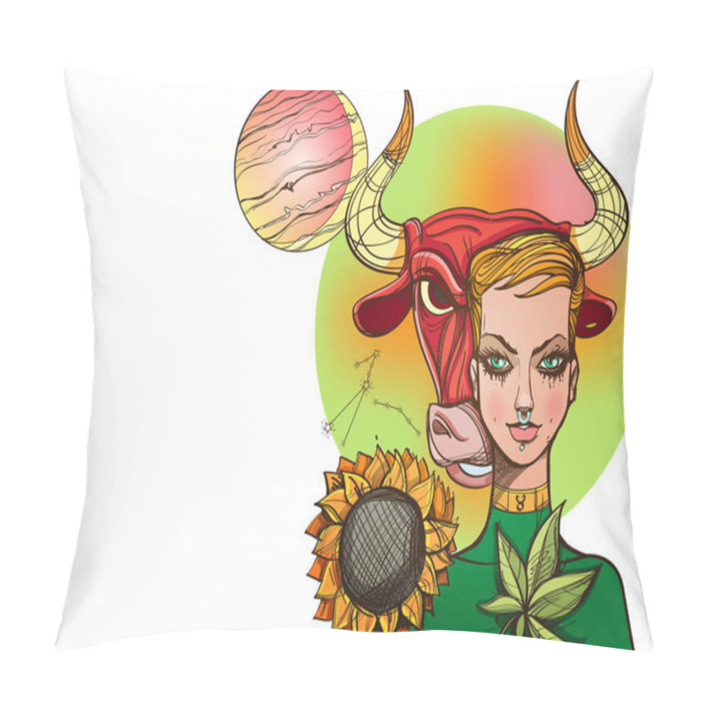 Personality  Rectangular Background With Female Portrait. Girl Symbolizes The Zodiac Sign Taurus. Color Illustration With The Image Of Women. Pillow Covers