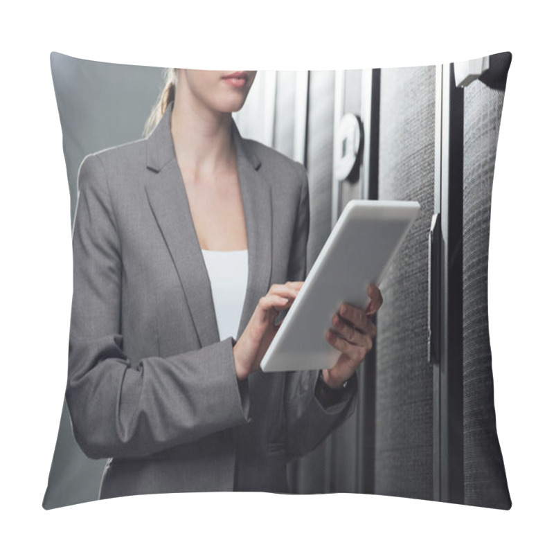 Personality  Cropped View Of Businesswoman Holding Digital Tablet In Server Room  Pillow Covers