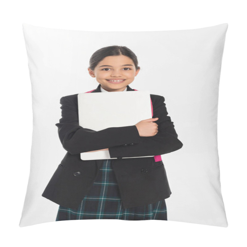 Personality  Joyful Schoolgirl Holding Laptop And Looking At Camera, Girl In School Uniform, Isolated On White Pillow Covers