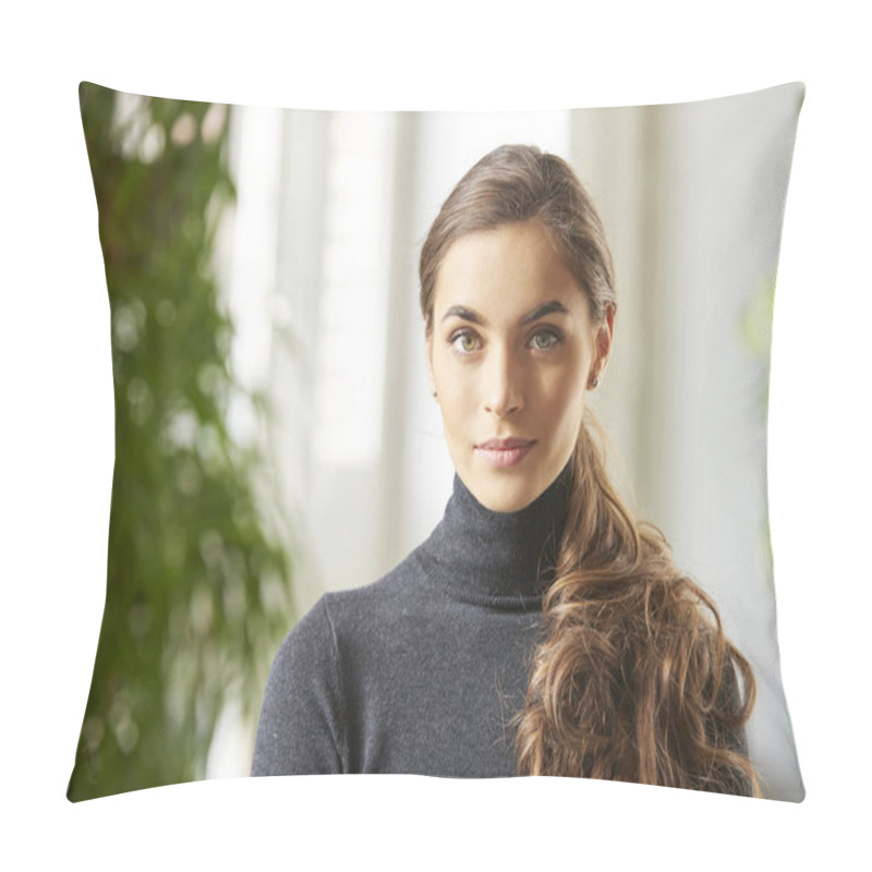 Personality  Close-up Portrait Of Beautiful Young Woman Wearing Roll Neck Sweater While  Smiling Indoor. Pillow Covers