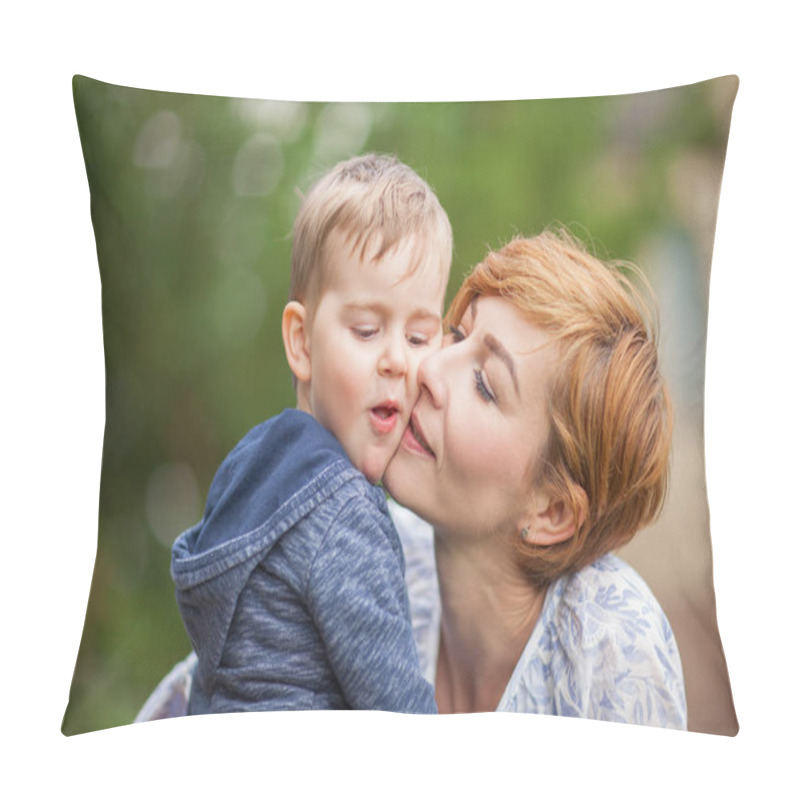 Personality  Mother Taking Care About Young Little Boy In The Park, Summerly, Family  Mood Pillow Covers