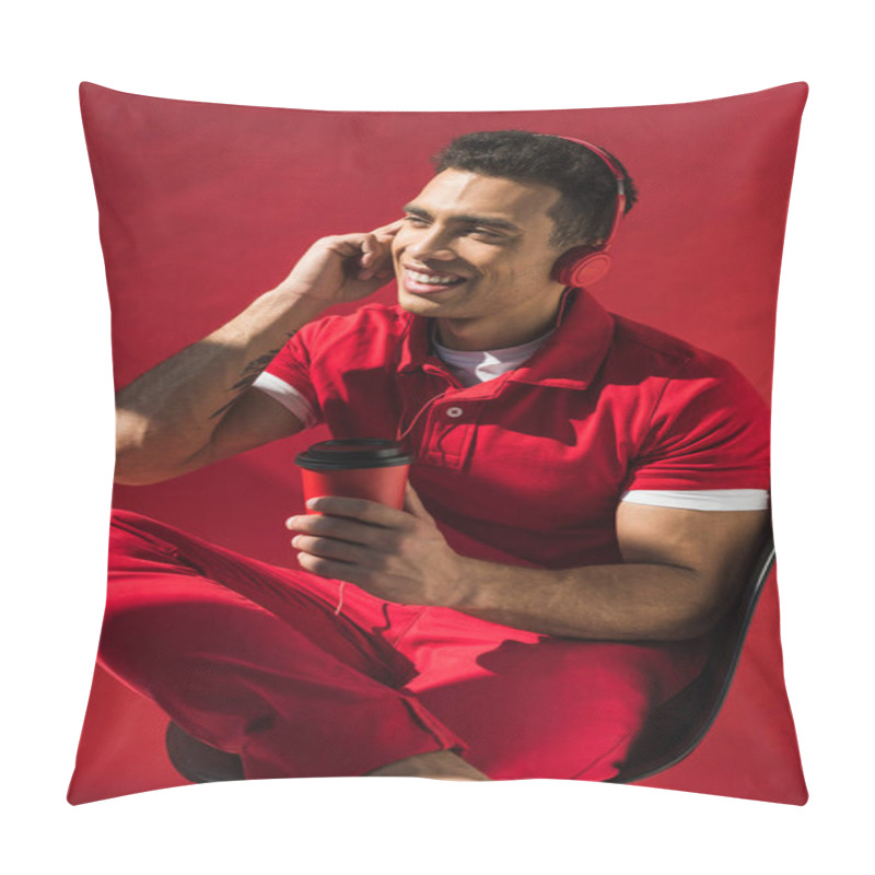 Personality  Stylish Mixed Race Man In Headphones Sitting, Holding Coffee To Go And Talking On Smartphone On Red Pillow Covers