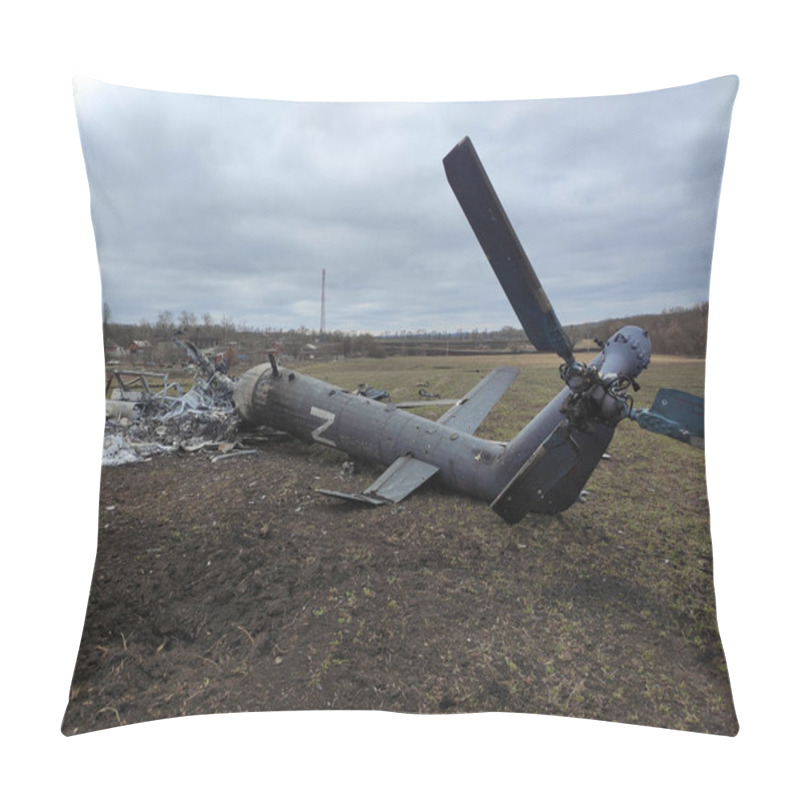 Personality  Kharkiv, UKRAINE - APRIL 15, 2022: Crashed Helicopter And Other Burnt Military Equipment Of Russian Occupiers In Kharkiv And Kharkiv Region Pillow Covers