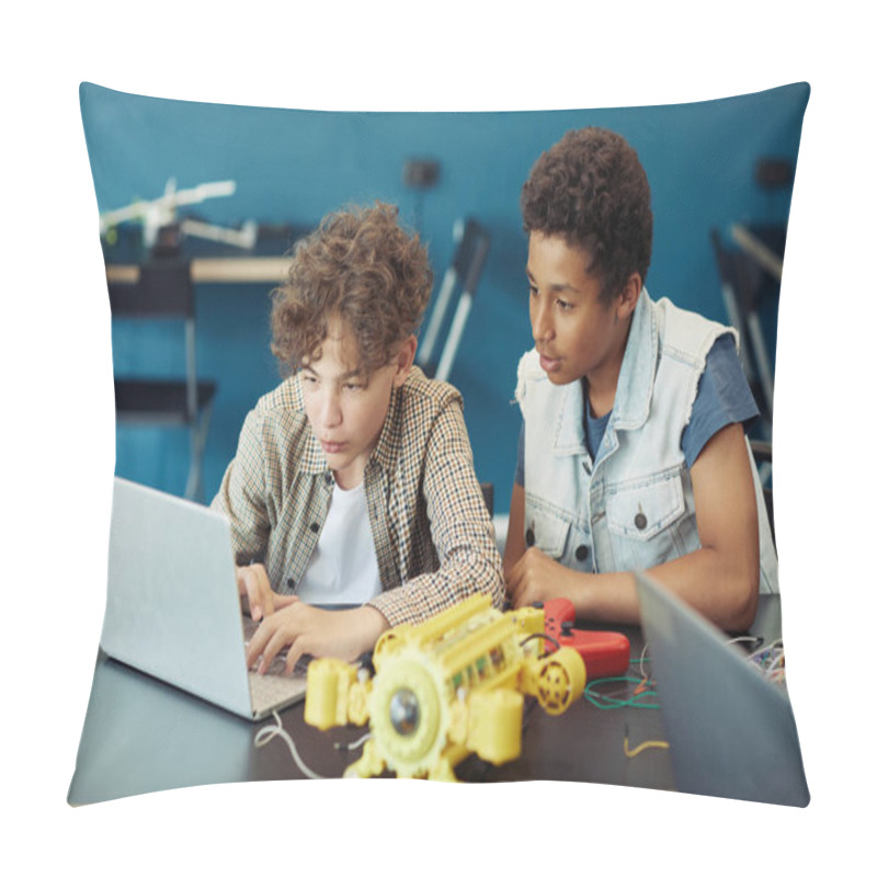 Personality  Portrait Of Two Teenage Boys Using Laptop And Programming Robot During Engineering Class In School Pillow Covers