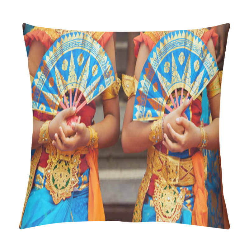 Personality  Asian Travel Background. Group Of Beautiful Balinese Dancer Women In Traditional Sarong Costumes With Fans In Hands Dancing Legong Dance. Arts, Culture Of Indonesian People, Bali Island Festivals. Pillow Covers