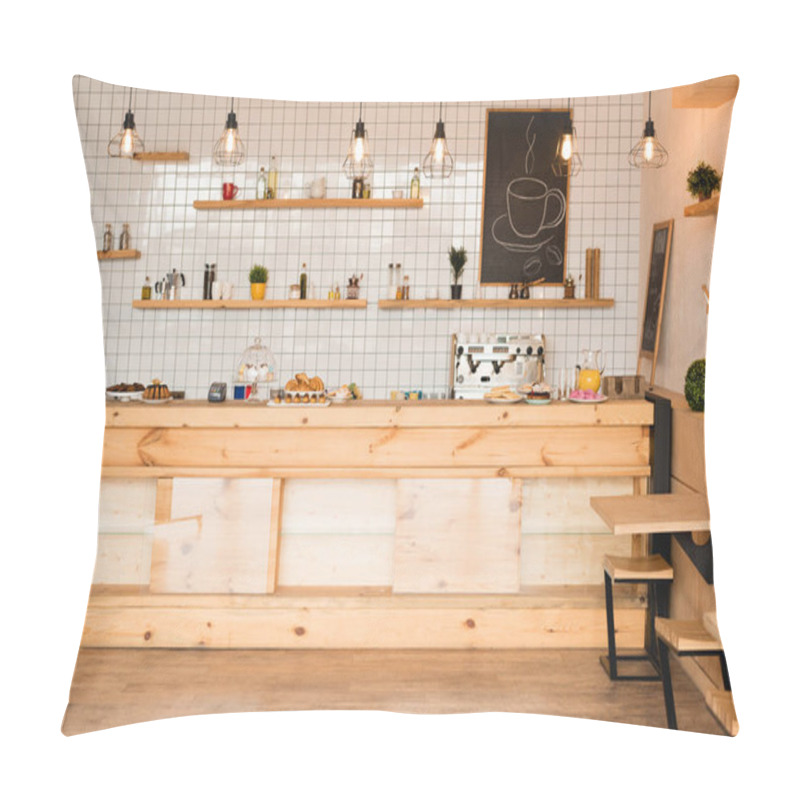 Personality  Interior Of Cafeteria With Wooden Bar Counter, Shelves And Board With Drawn Coffee Cup Pillow Covers