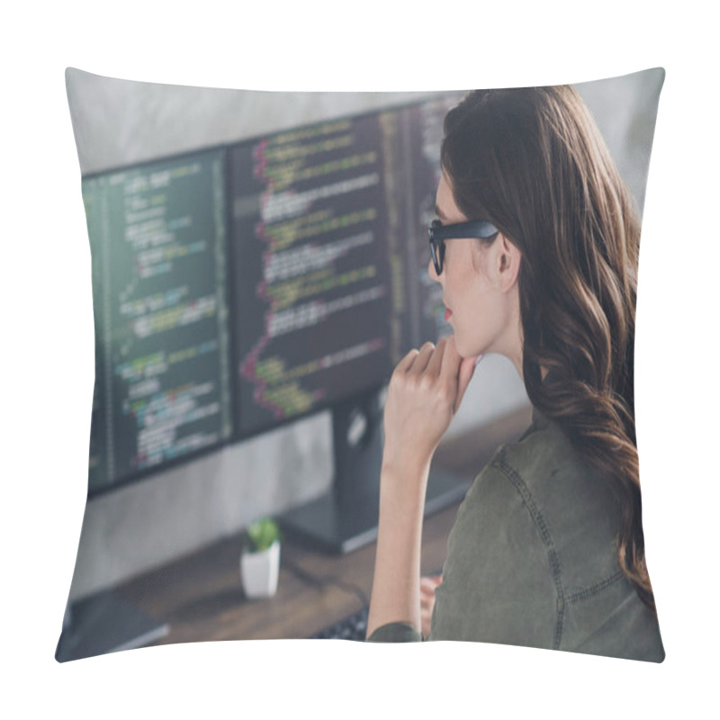 Personality  Profile Photo Of Creative Smart Pc Operator Girl Arm Touch Chin Debugging Improving Database Office Indoors. Pillow Covers