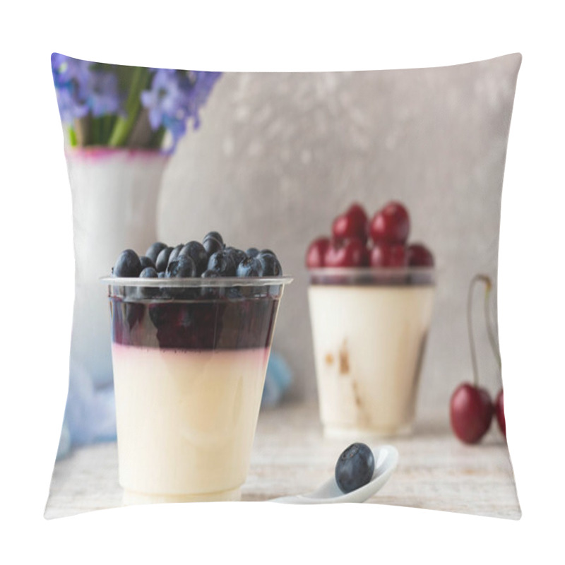 Personality  Italian Pana Cota With Berry Jam And Fresh Blueberries On A Light Background Pillow Covers