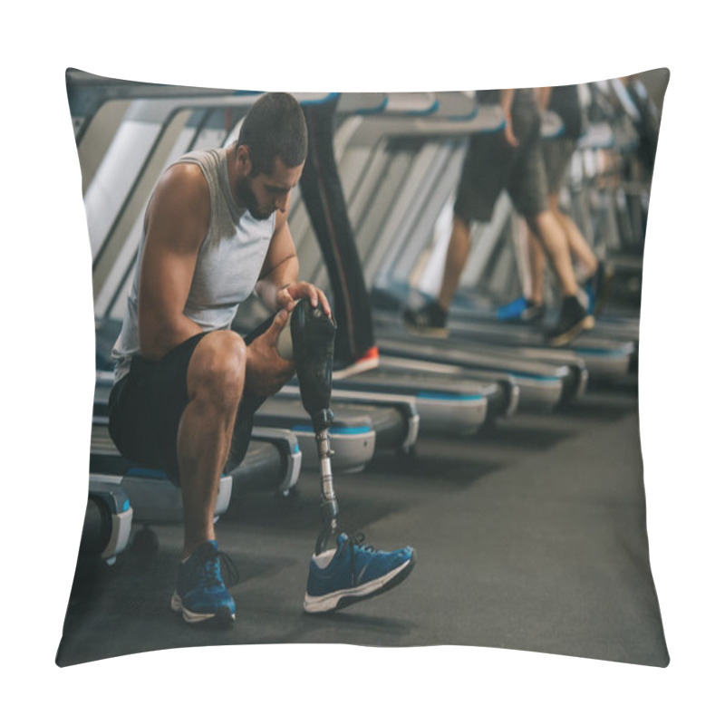 Personality  Exhausted Young Sportsman With Artificial Leg Sitting On Treadmill At Gym Pillow Covers