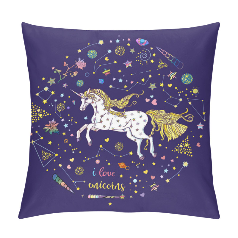 Personality  Cute Running Magic Unicorn With Constellations, Stars, Crystals, Hearts And Lettering Isolated On Blue Pillow Covers