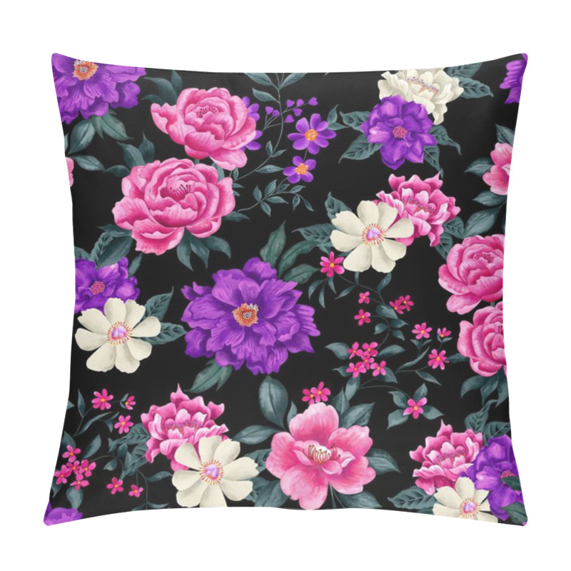 Personality  Watercolor Flowers Pattern, Pink And Purple Tropical Elements, Green Leaves, Black Background, Seamless Pillow Covers