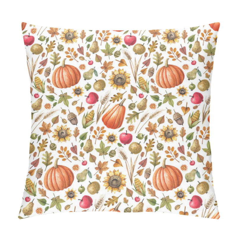 Personality  Autumn Seamless Pattern With Pumpkins, Autumn Leaves, Sunflowers, Harvest Fruits On A White Background. Pillow Covers