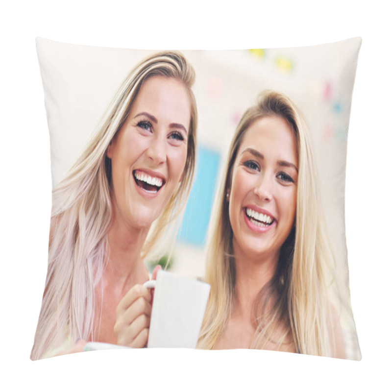 Personality  Two Girl Friends Chatting And Drinking Coffee At Home Pillow Covers