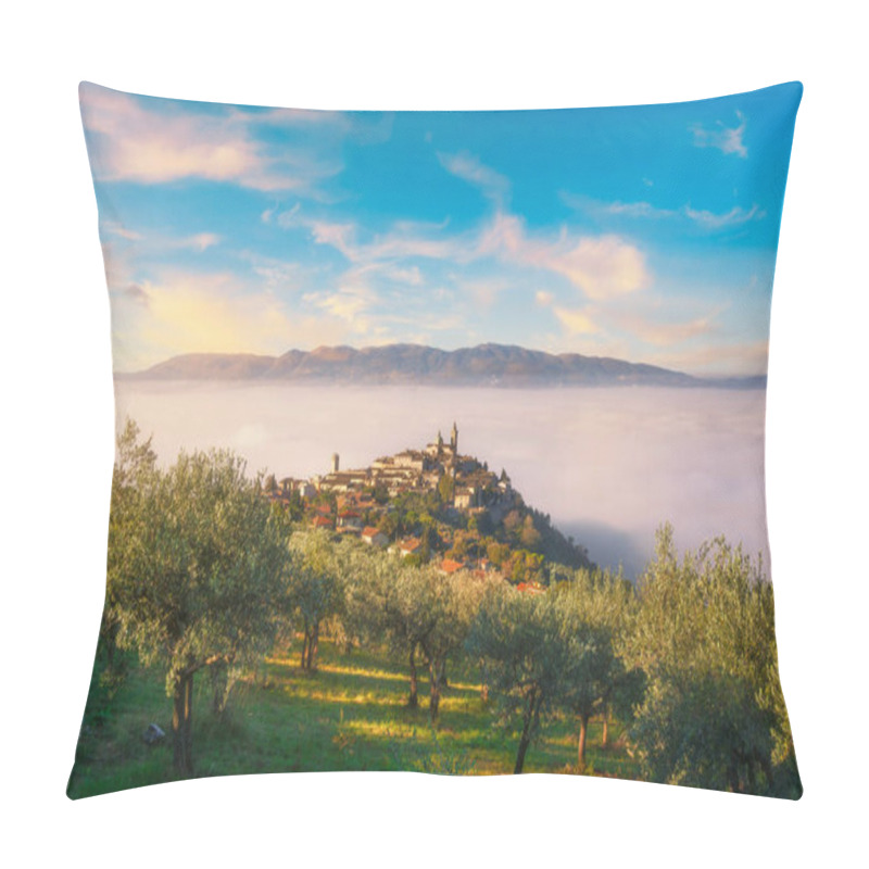 Personality  Trevi Picturesque Village In A Foggy Morning. Perugia, Umbria, Italy, Europe. Pillow Covers