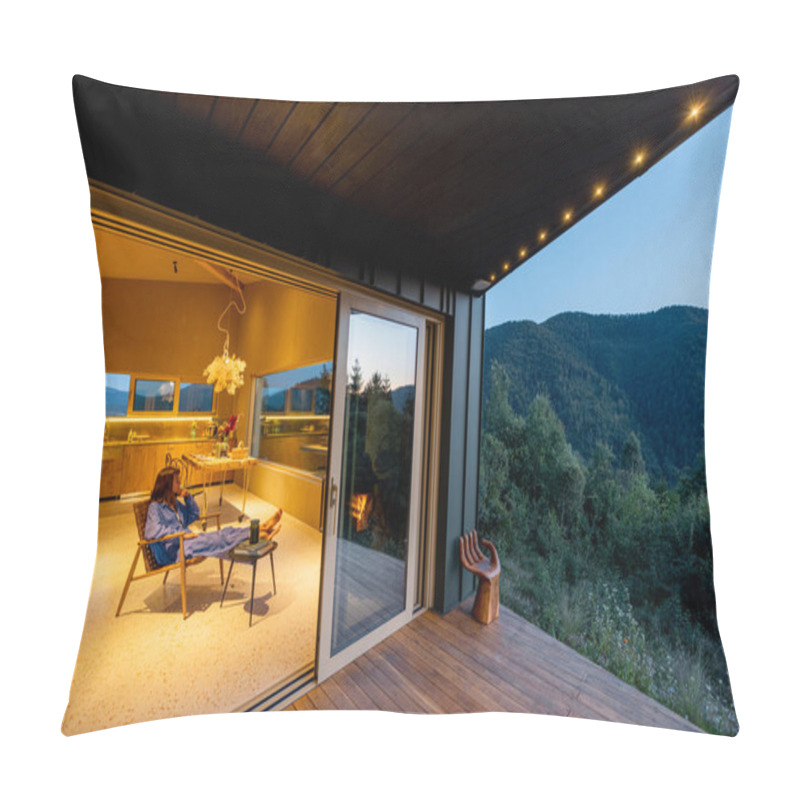 Personality  Evening Relaxation On The Deck, A Cozy Atmosphere With Indoor Lighting Glowing Warmly. Mountain View, Peaceful Mood, And A Mix Of Interior And Nature In Perfect Harmony Pillow Covers